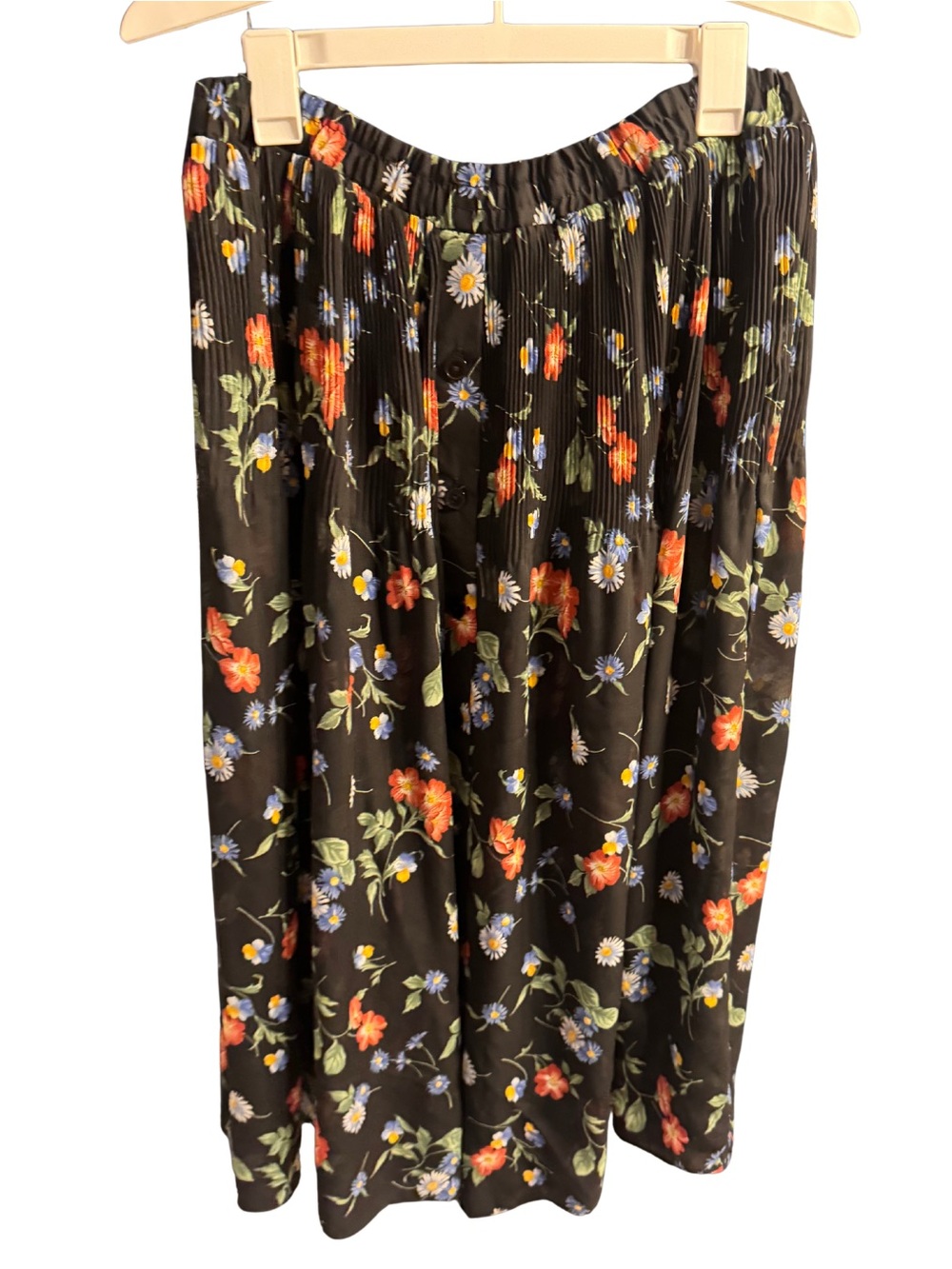 Vintage 2XL Black Floral Midi Skirt - Elastic Waist
